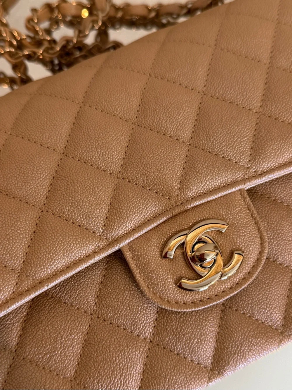 CHANEL Quilted Double Flap Shoulder Bag in Light Beige with Gold Hardware